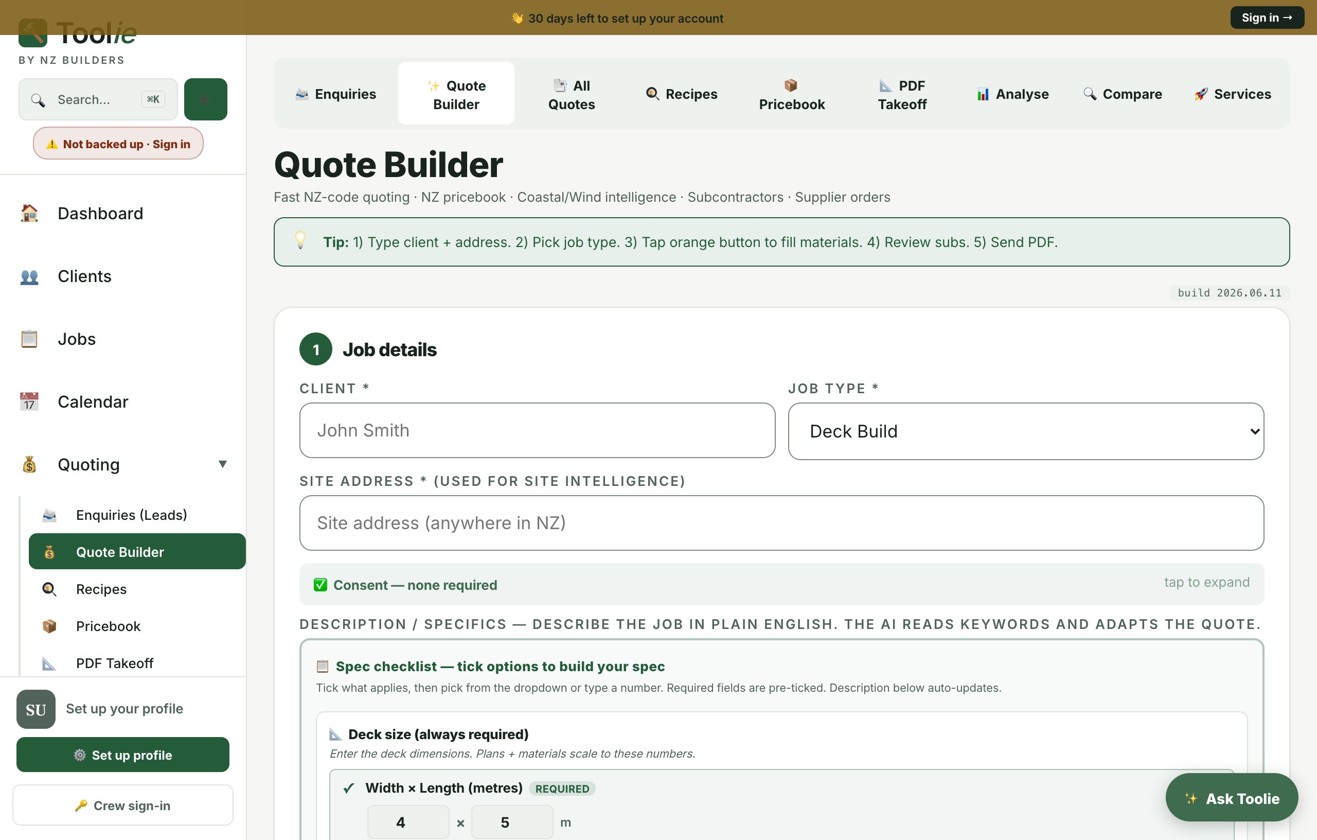 Toolie Quote Builder — NZ pricebook quote with coastal and wind site intelligence
